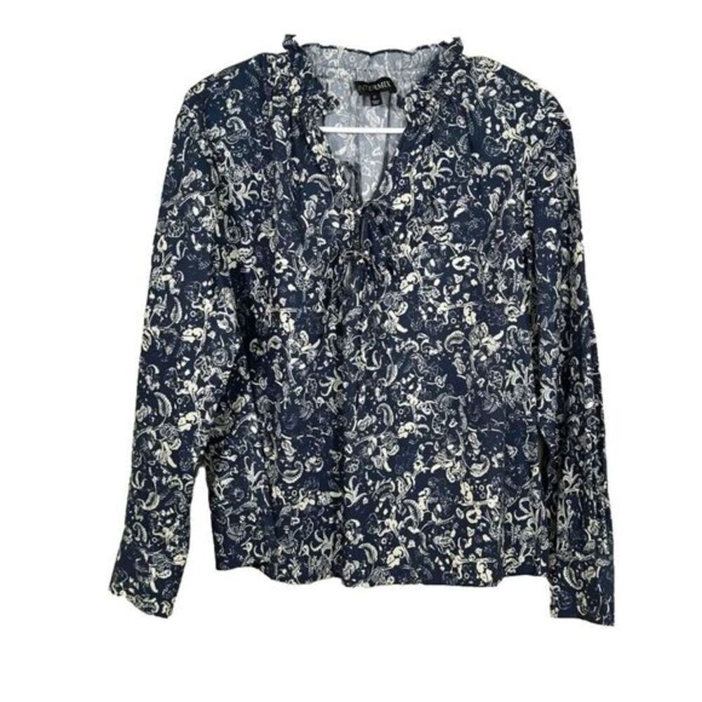 Intermix Private Label Womens Blouse XS Blue Floral Madeline Long Sleeve Ruffle‎
